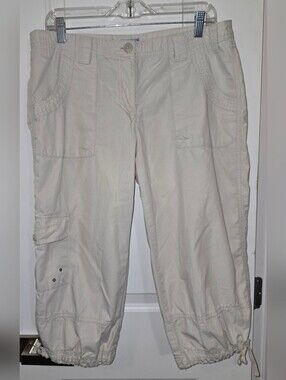 IZOD Petite Cargo Capri Pants Women's 12P Khaki Cotton Drawstring Hem